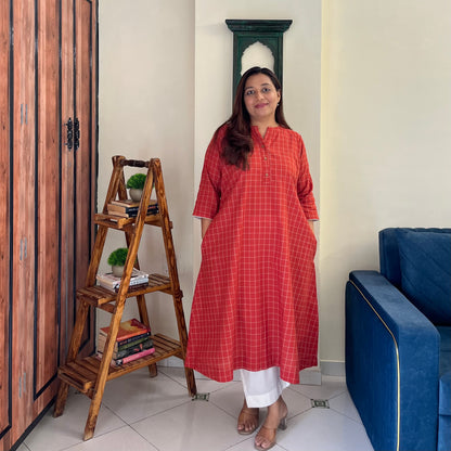 The Check Edit Handloom Kurta - Rust