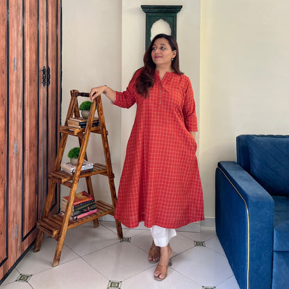 The Check Edit Handloom Kurta - Rust