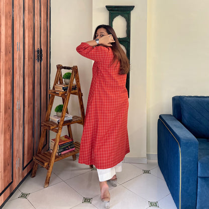 The Check Edit Handloom Kurta - Rust
