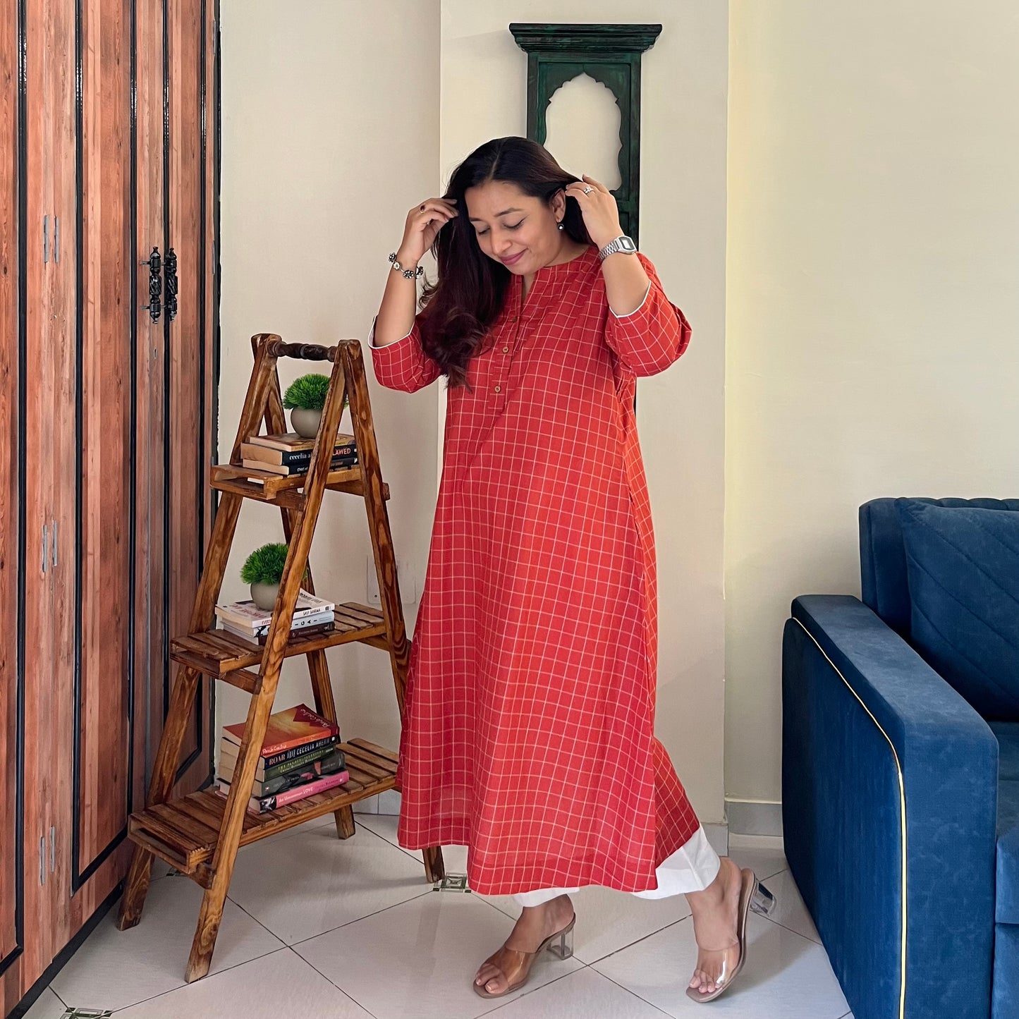 The Check Edit Handloom Kurta - Rust