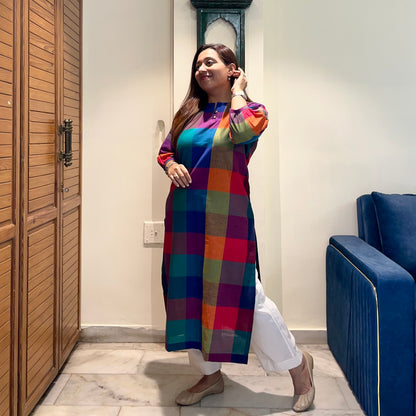 Multi Checkered Handloom Cotton Kurta