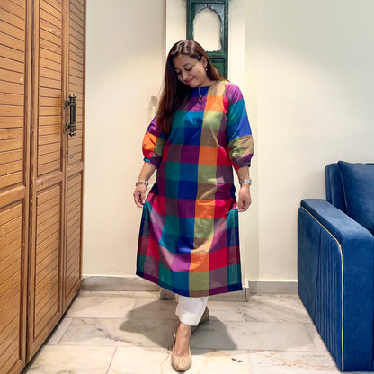 Multi Checkered Handloom Cotton Kurta