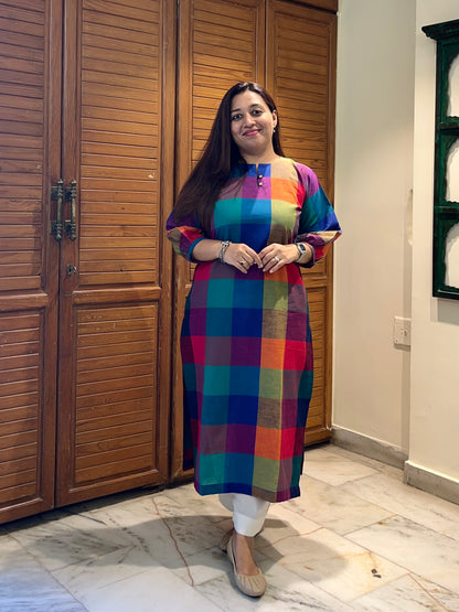 Multi Checkered Handloom Cotton Kurta