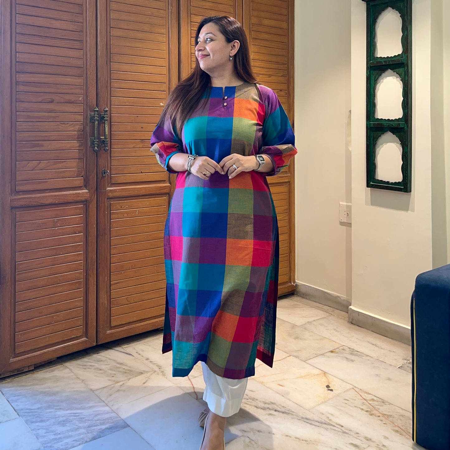 Multi Checkered Handloom Cotton Kurta