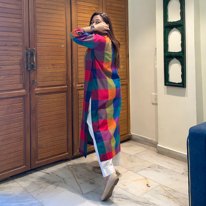 Multi Checkered Handloom Cotton Kurta
