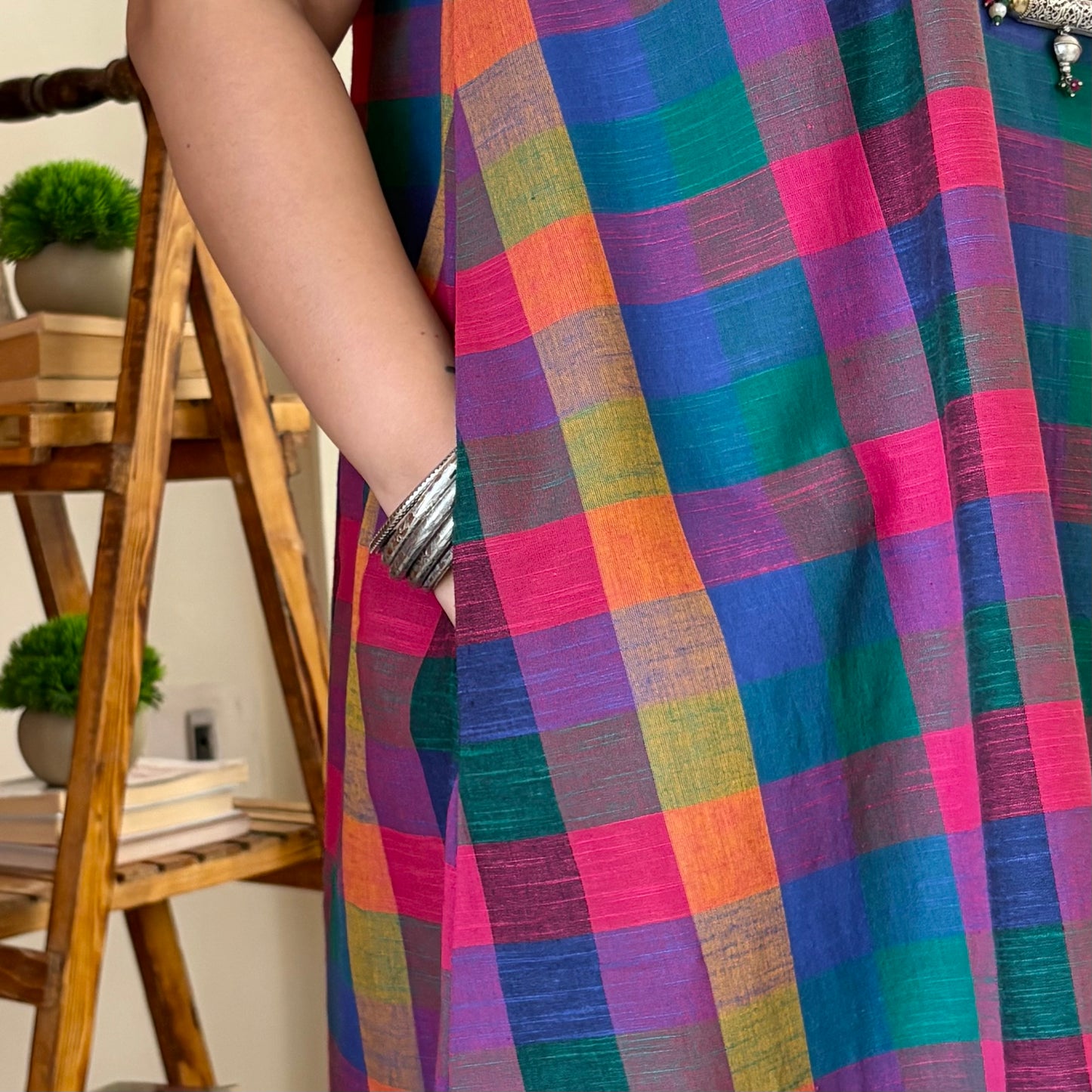 Small Madras Checks Handloom Cotton Sleeveless Dress