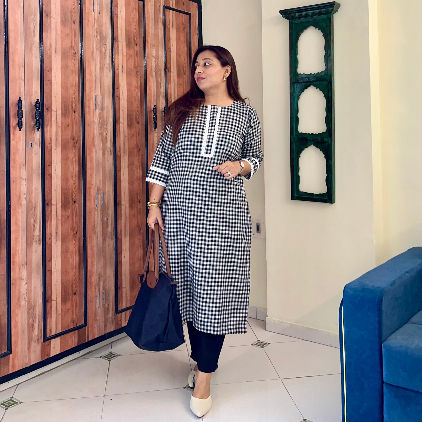 Gingham Checkered Handloom Cotton Kurta