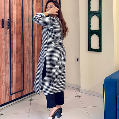 Gingham Checkered Handloom Cotton Kurta