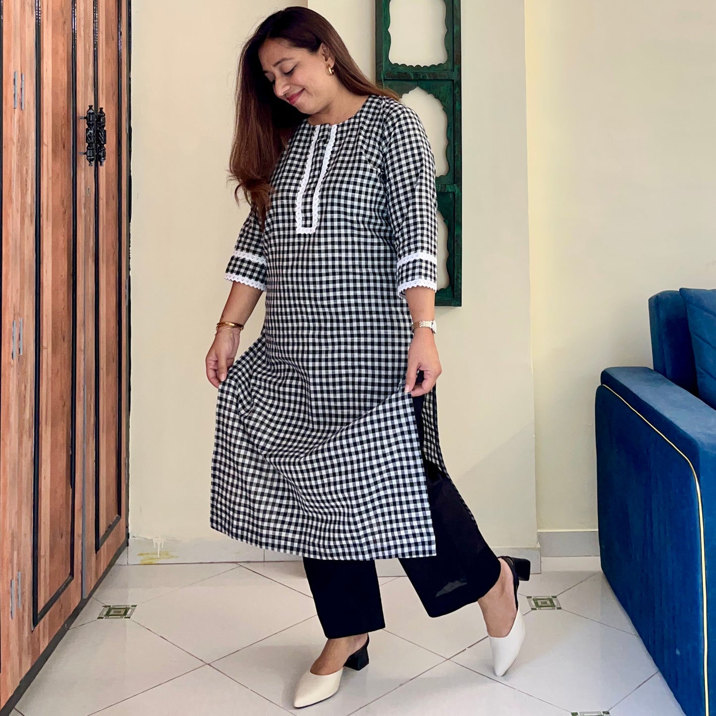 Gingham Checkered Handloom Cotton Kurta