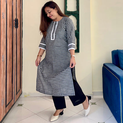 Gingham Checkered Handloom Cotton Kurta