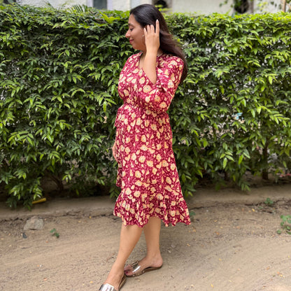 Heer Pure Cotton Dresses - Magenta Floral