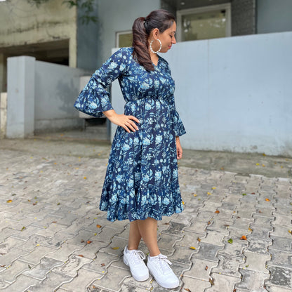 Heer Pure Cotton Dresses - Midnight Blue Floral