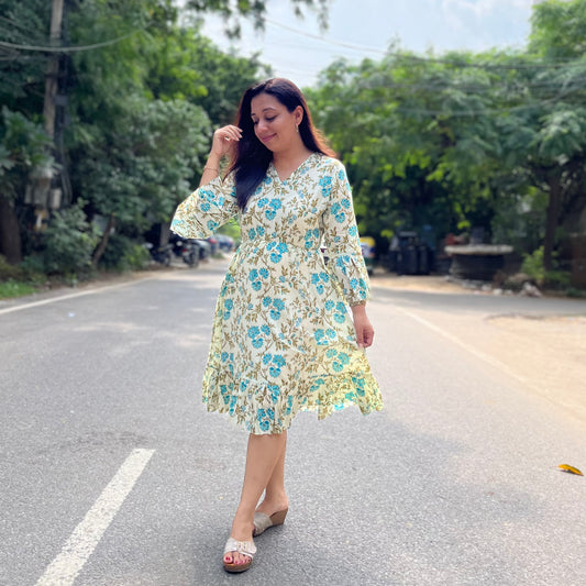 Heer Pure Cotton Dresses - Turquoise Floral