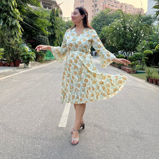 Heer Pure Cotton Dresses - Yellow Floral