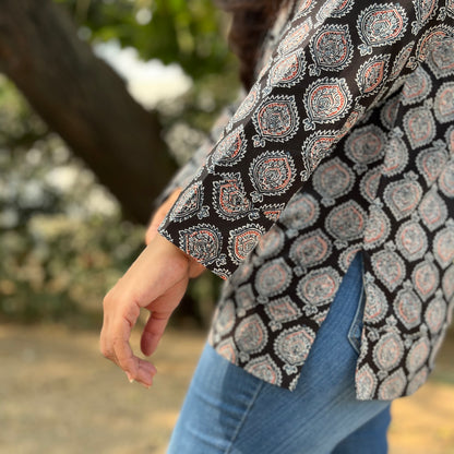 Hand Block Printed Hoodie - Blooming Black