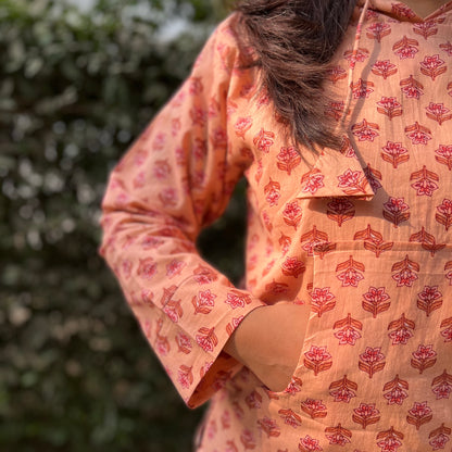 Hand Block Printed Hoodie - Perky Peach