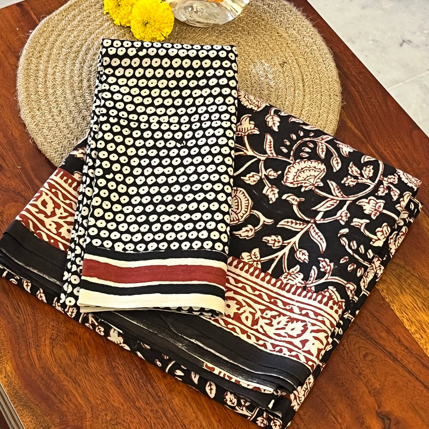 Handblock Printed Mul Cotton Saree - Black & Maroon