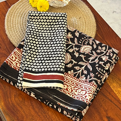 Handblock Printed Mul Cotton Saree - Black & Maroon