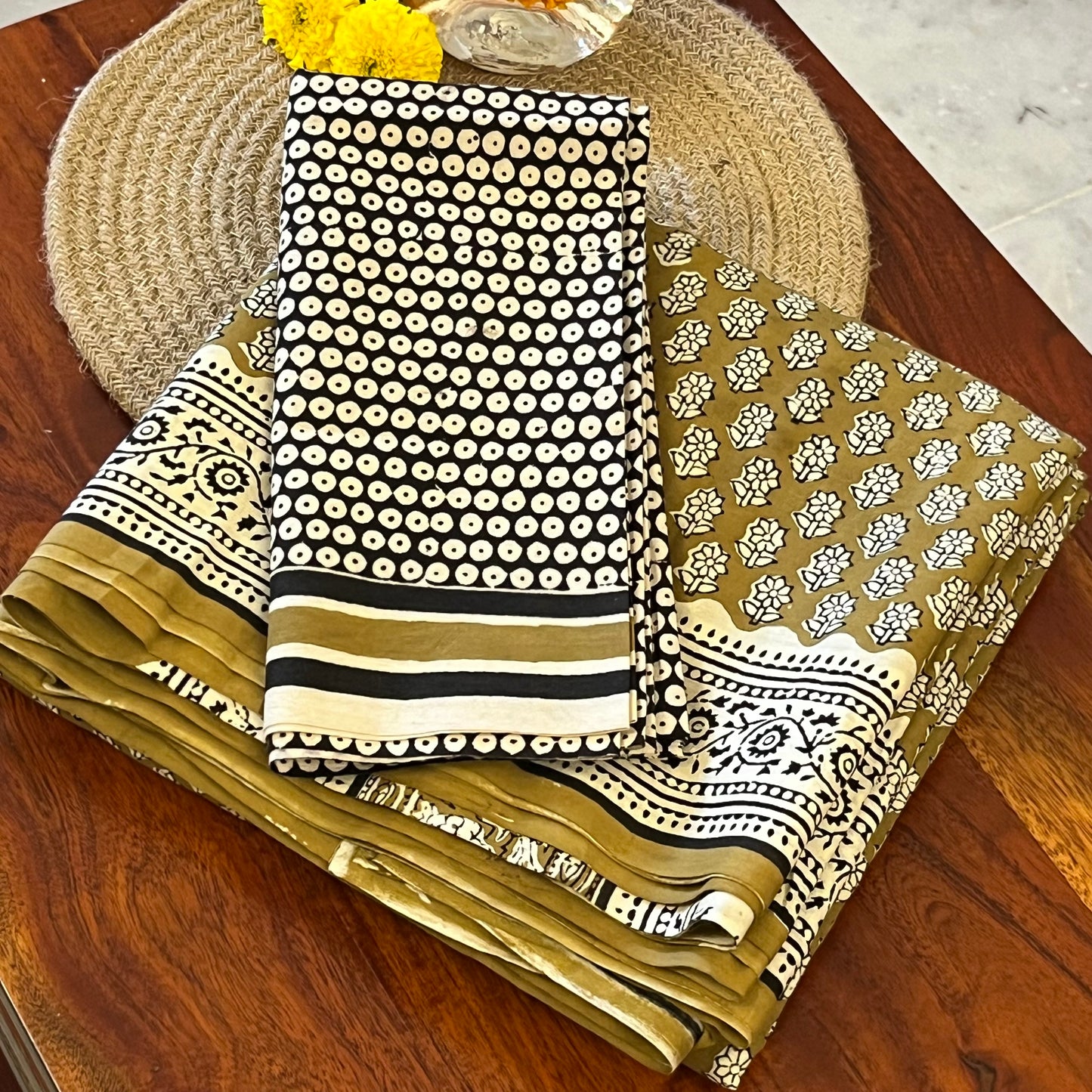 Handblock Printed Mul Cotton Saree - Mustard