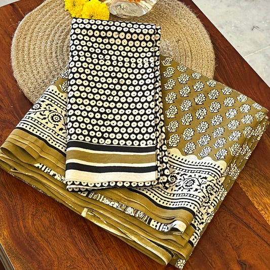 Handblock Printed Mul Cotton Saree - Mustard