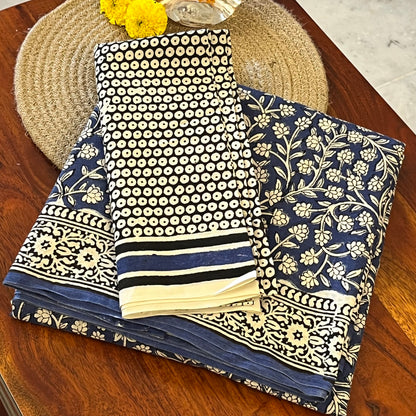 Handblock Printed Mul Cotton Saree - Blue