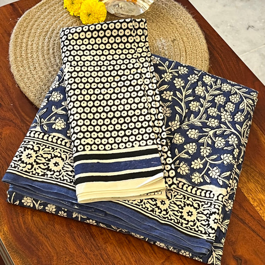 Handblock Printed Mul Cotton Saree - Blue