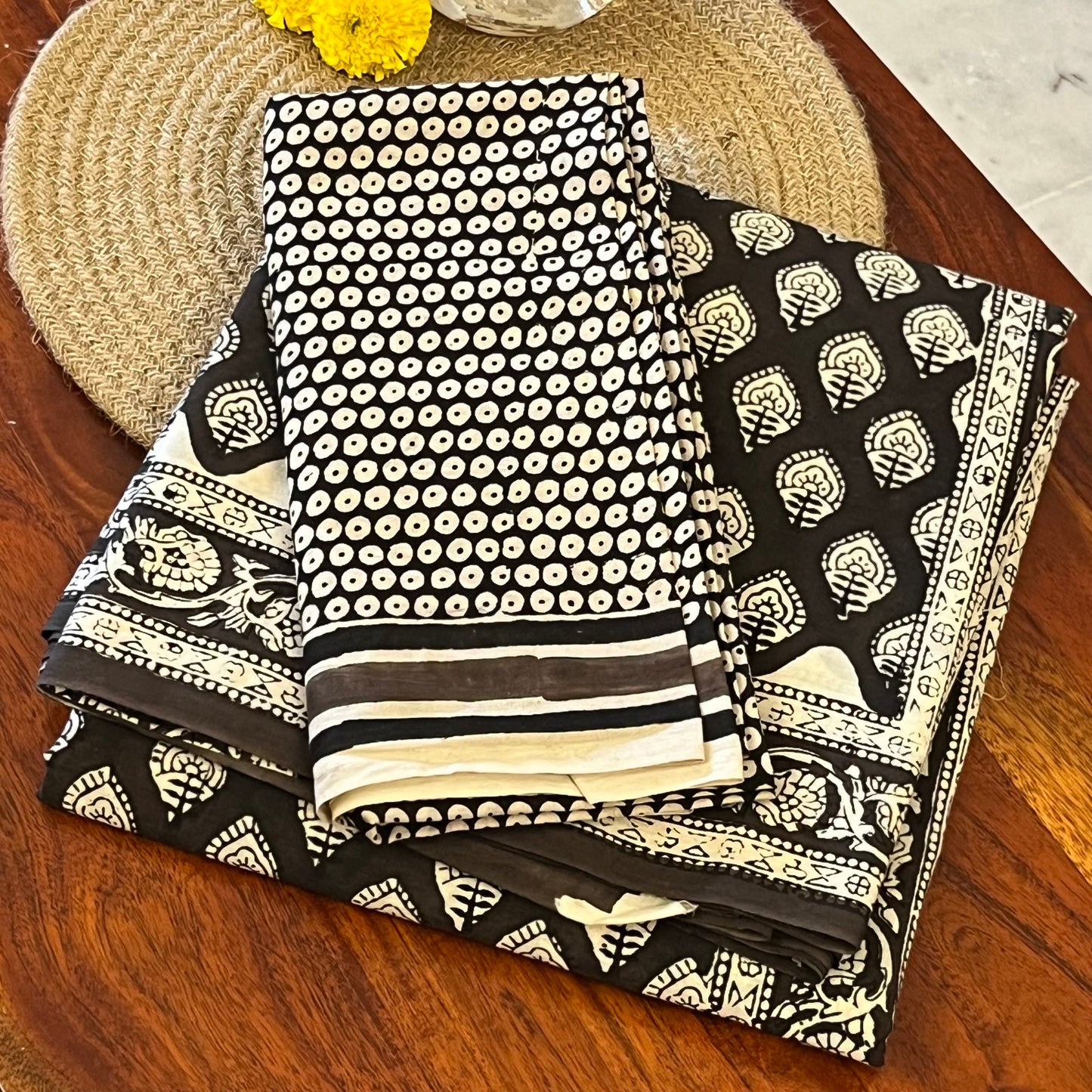 Handblock Printed Mul Cotton Saree - Black