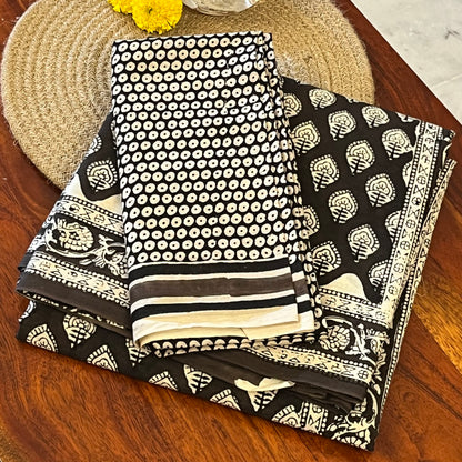 Handblock Printed Mul Cotton Saree - Black