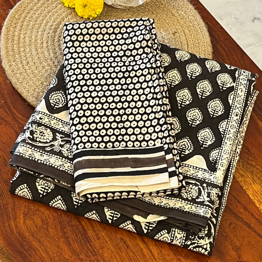Handblock Printed Mul Cotton Saree - Black