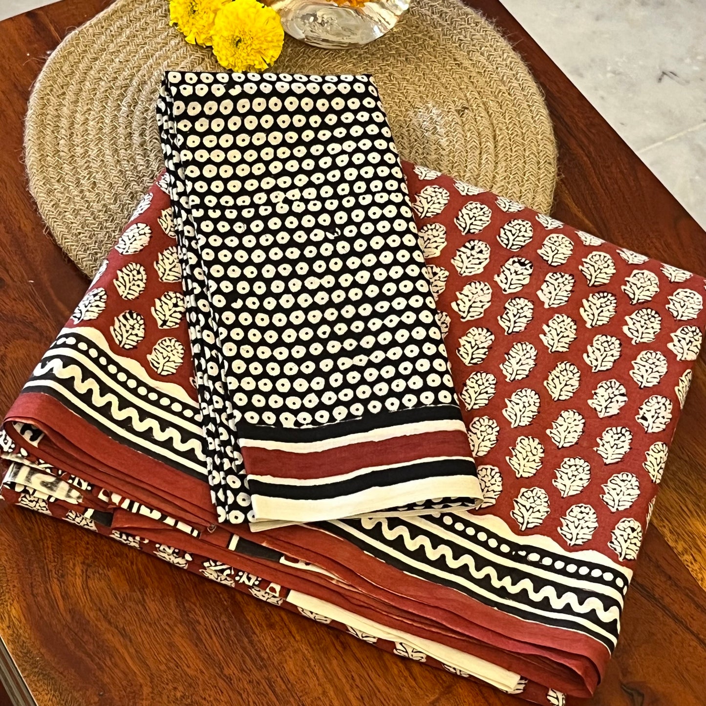 Handblock Printed Mul Cotton Saree - Maroon