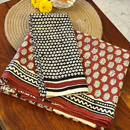 Handblock Printed Mul Cotton Saree - Maroon