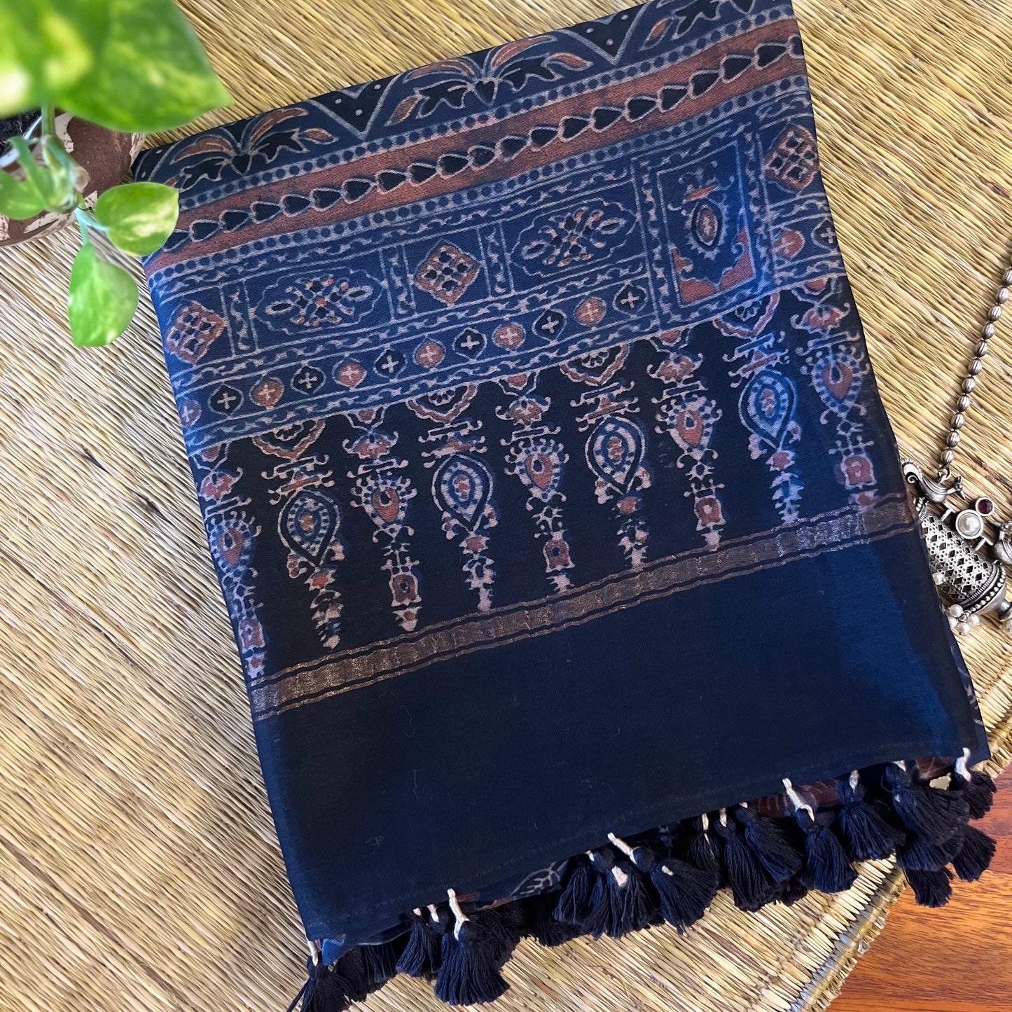 Chanderi Ajrakh Handblock Printed - Dupatta_Blue