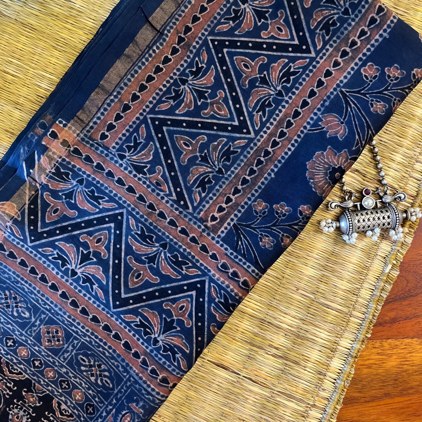 Chanderi Ajrakh Handblock Printed - Dupatta_Blue