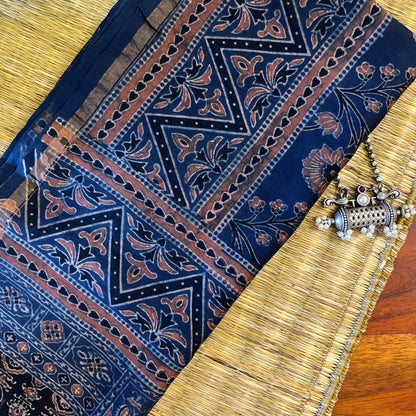 Chanderi Ajrakh Handblock Printed - Dupatta_Blue