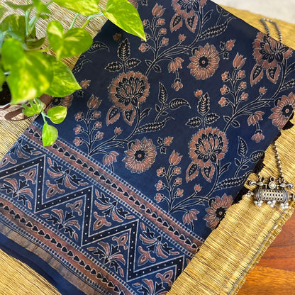 Chanderi Ajrakh Handblock Printed - Dupatta_Blue