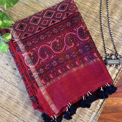 Chanderi Ajrakh Handblock Printed - Dupatta_Maroon