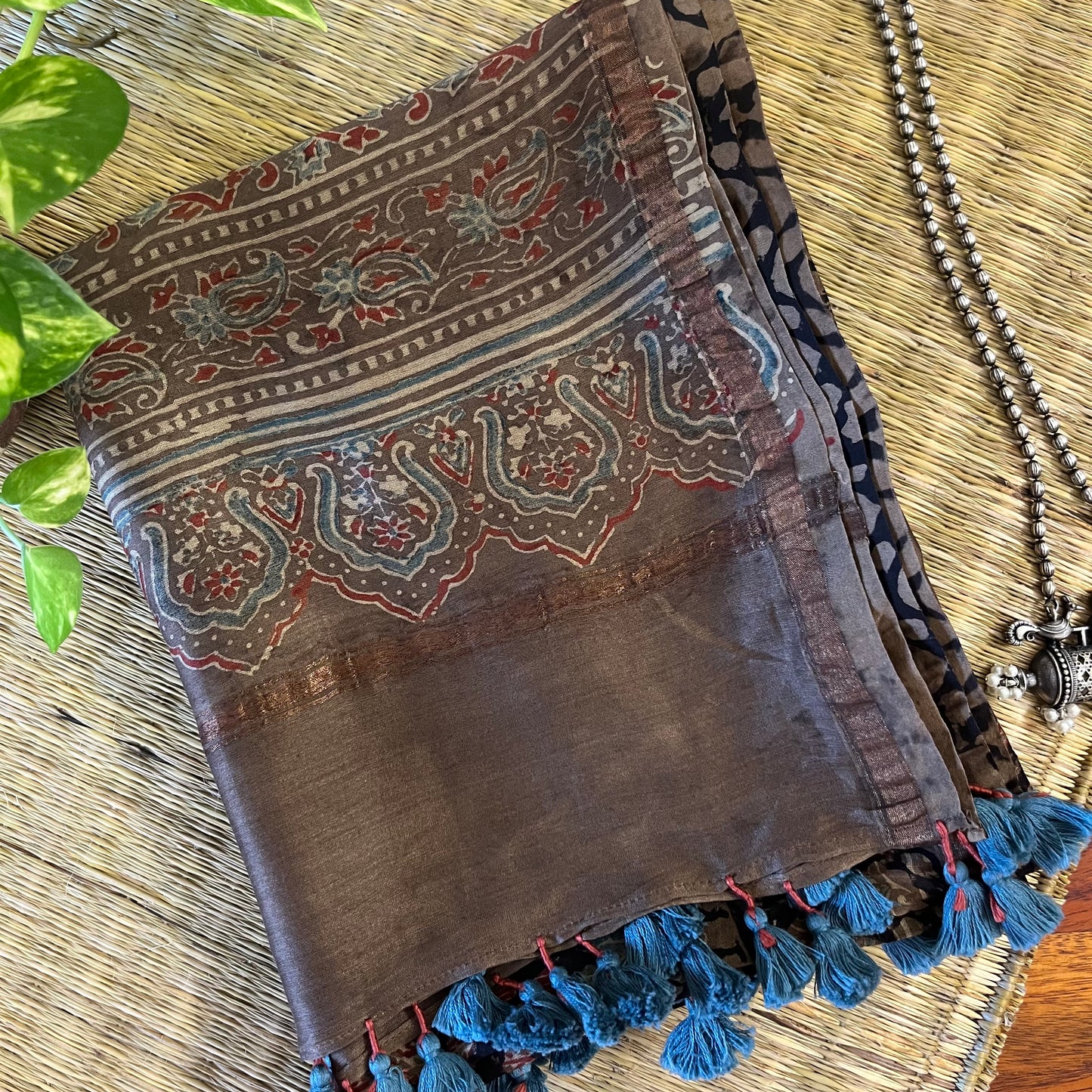 Chanderi Ajrakh Handblock Printed - Dupatta_Black