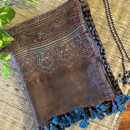 Chanderi Ajrakh Handblock Printed - Dupatta_Black