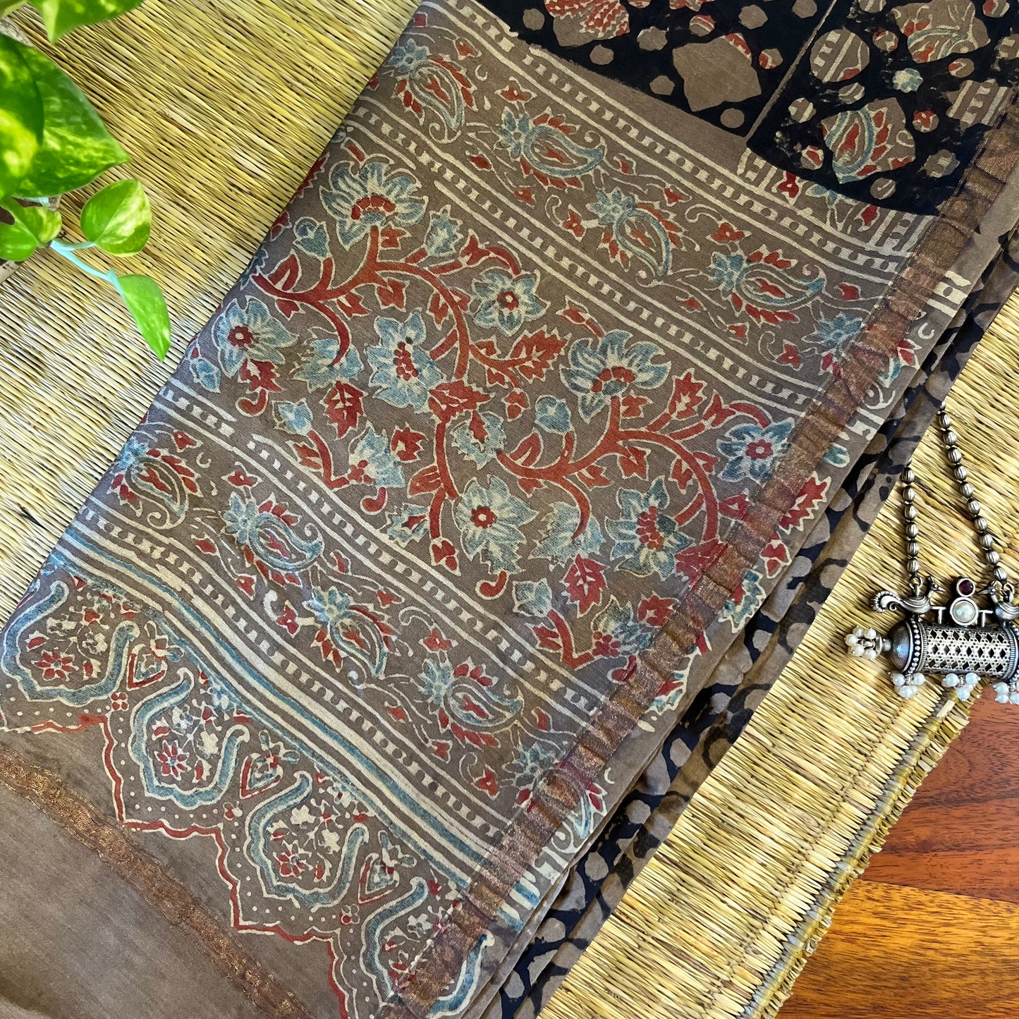 Chanderi Ajrakh Handblock Printed - Dupatta_Black