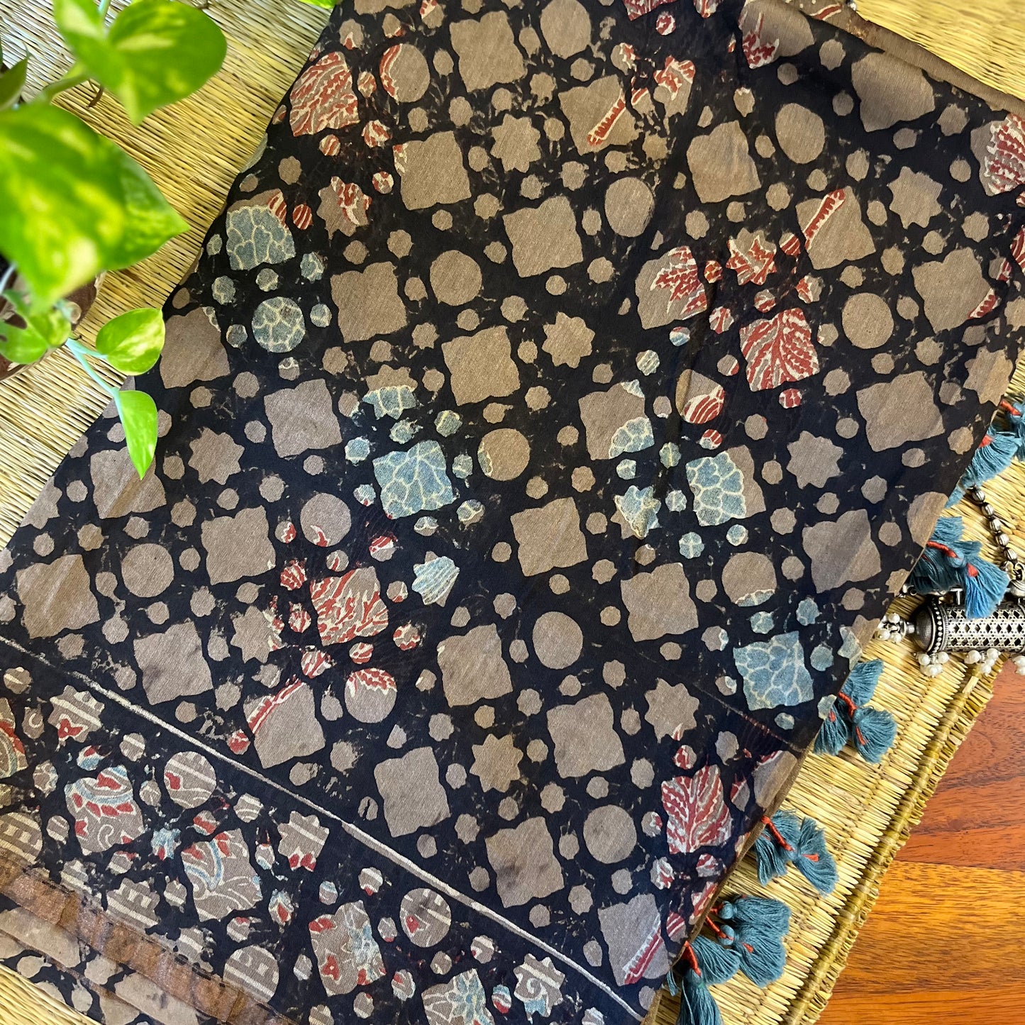 Chanderi Ajrakh Handblock Printed - Dupatta_Black