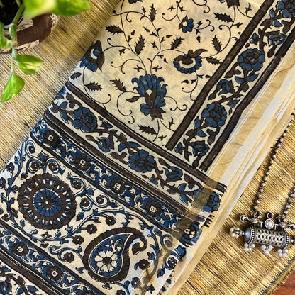 Chanderi Ajrakh Handblock Printed - Dupatta_Off White