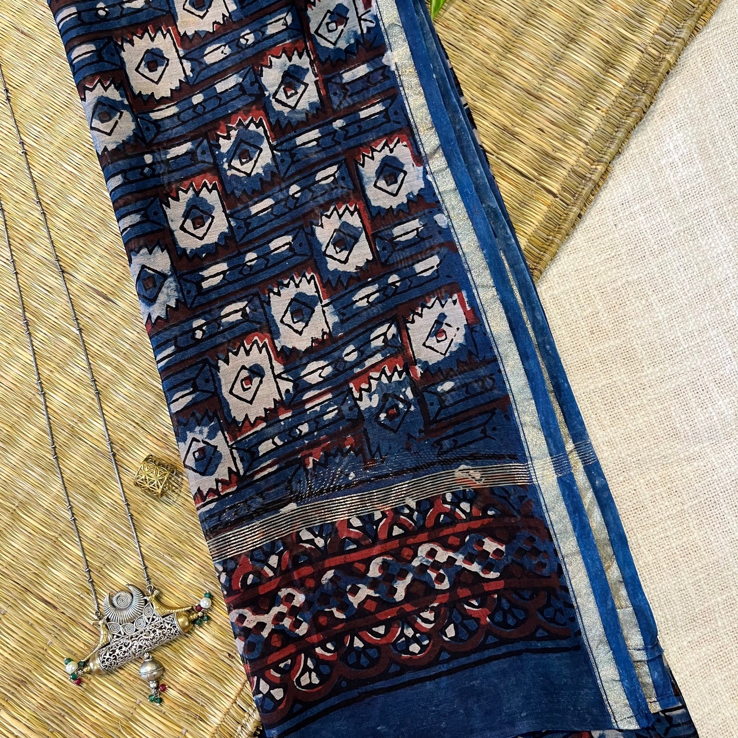 Chanderi Handblock Printed - Dupatta_Navy Blue