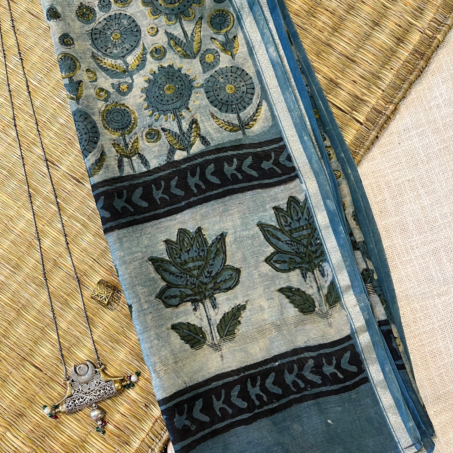 Chanderi Handblock Printed - Dupatta_Blue-Grey