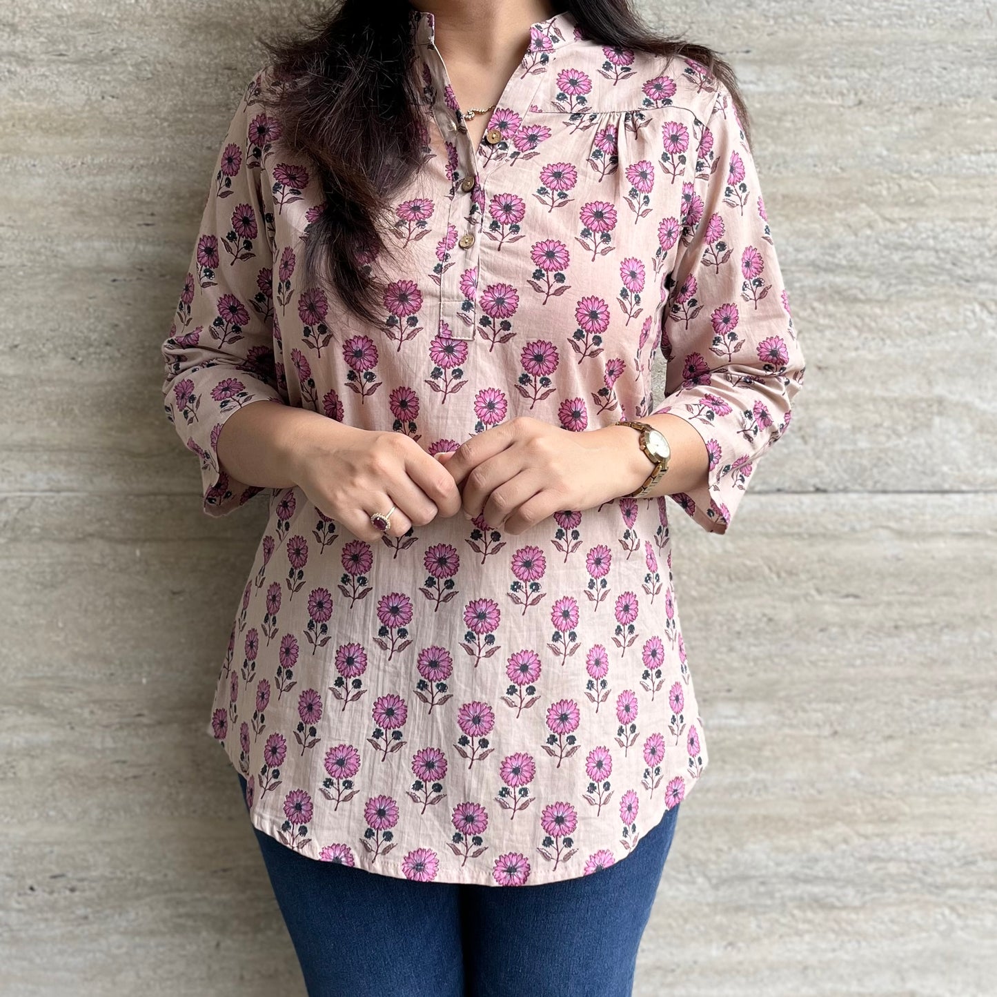 Navya Pure Cotton Top - Beige Floral