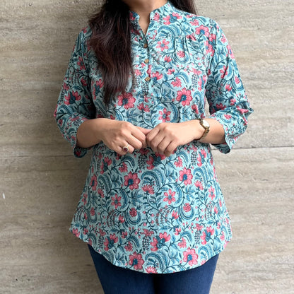 Navya Pure Cotton Top - Blue Floral