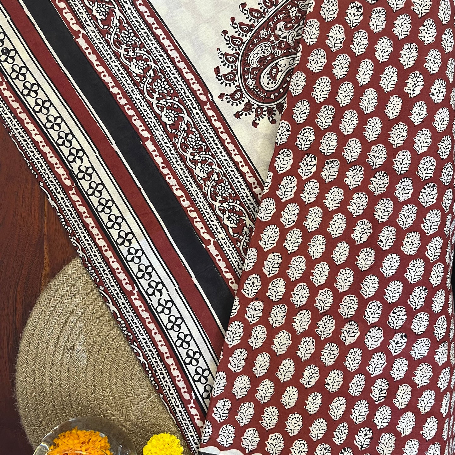 Handblock Printed Mul Cotton Saree - Maroon