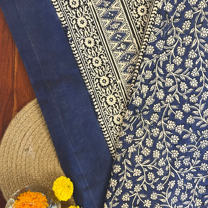 Handblock Printed Mul Cotton Saree - Blue