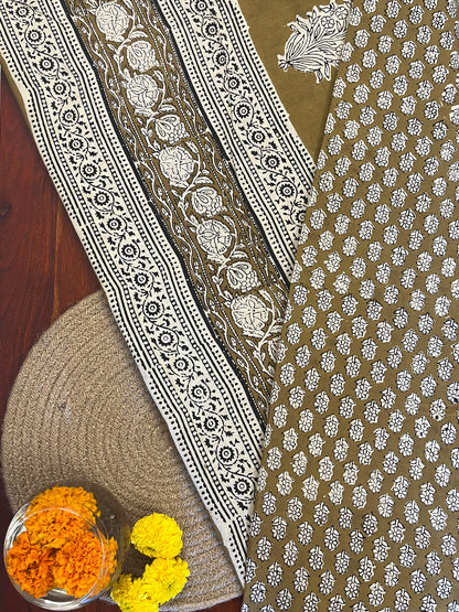 Handblock Printed Mul Cotton Saree - Mustard