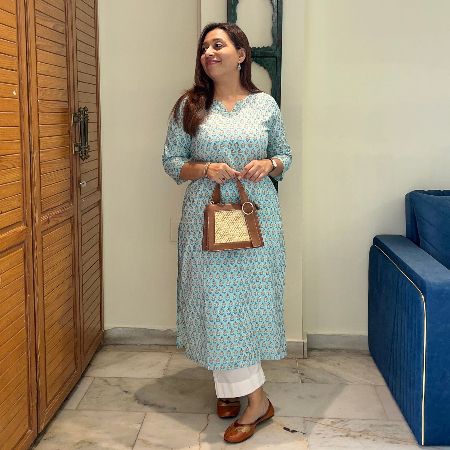 Saadgi 2.0 - Handblock Printed Everyday Kurtas - Firozi & Yellow