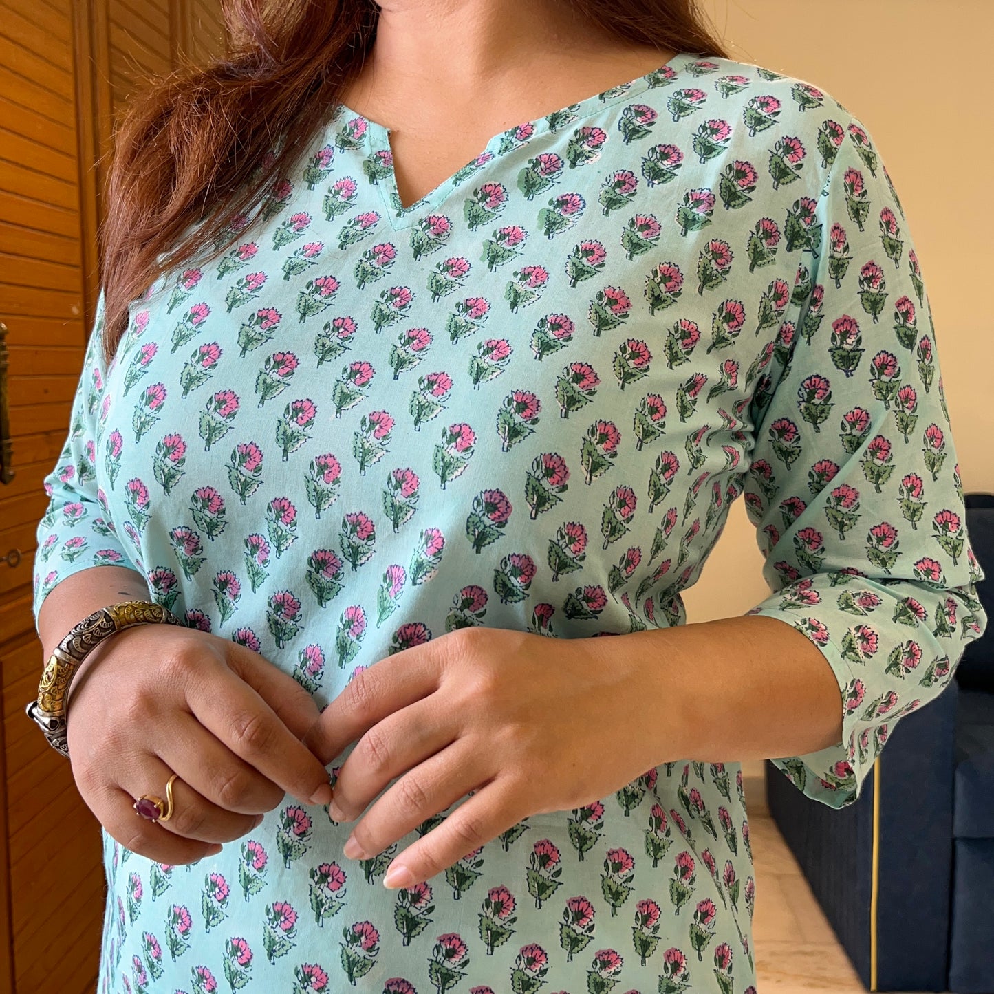 Saadgi 2.0 - Handblock Printed Everyday Kurtas -Firozi & Pink